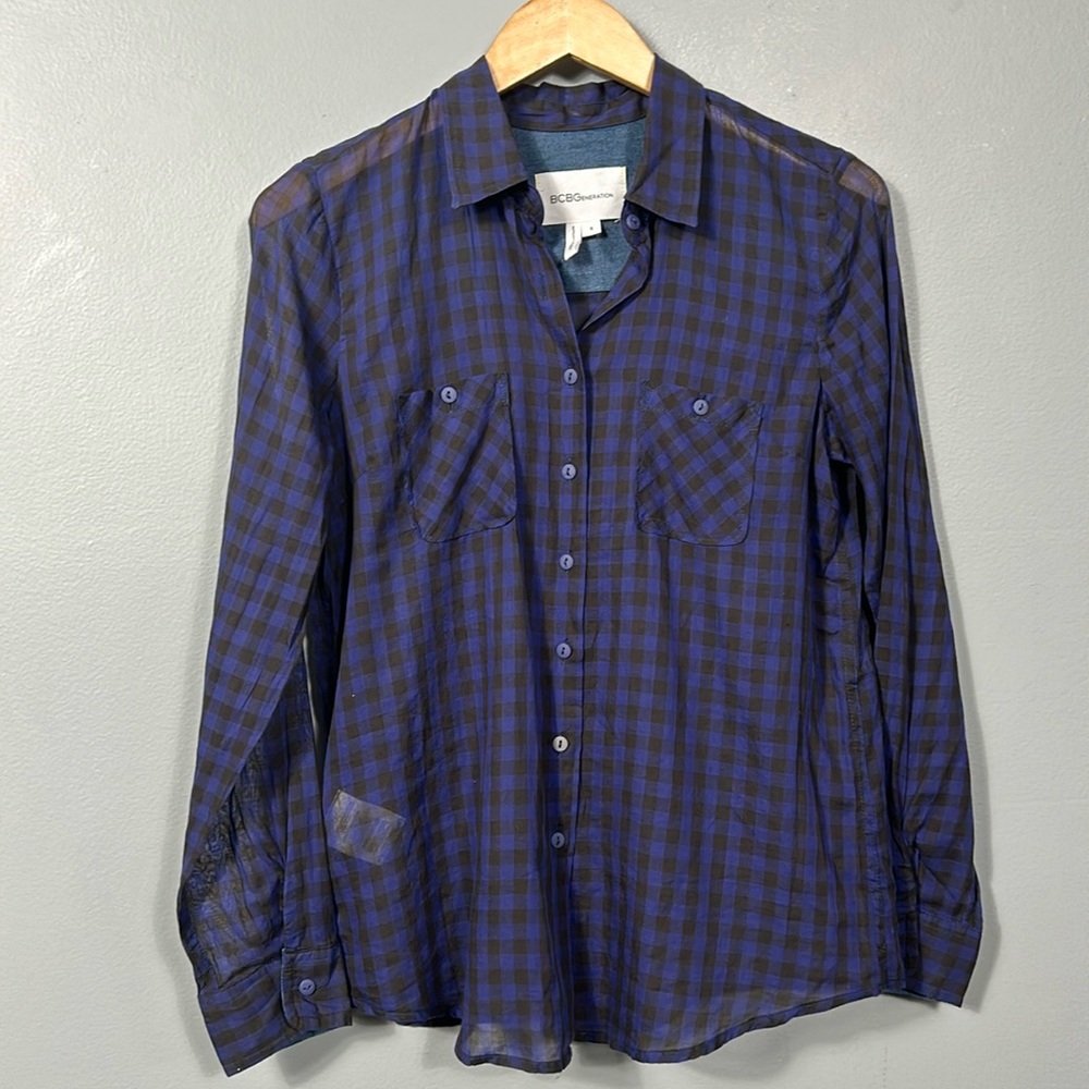 BCBGeneration cotton blue black plaid semi-sheer long sleeve button down shirt S